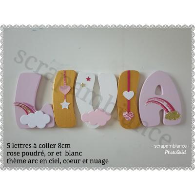 Lettre en bois à coller - 8cm thème arc en ciel, coeur et nuages