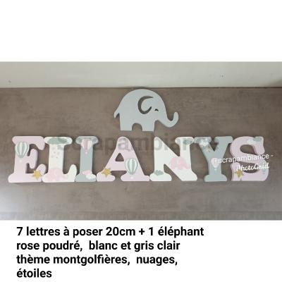 Lettre en bois à poser de 20cm éléphants, montgolfières, nuages et étoiles