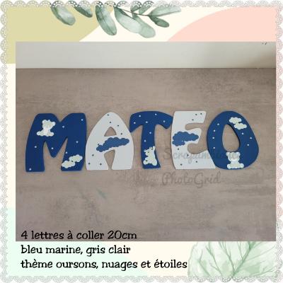 Lettre en bois à coller - 20cm thème oursons, étoiles et nuages