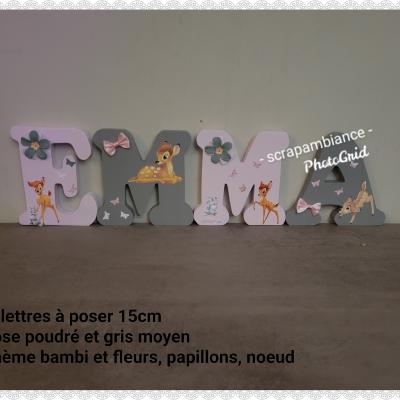 Lettre en bois à poser de 15CM bambi et fleurs