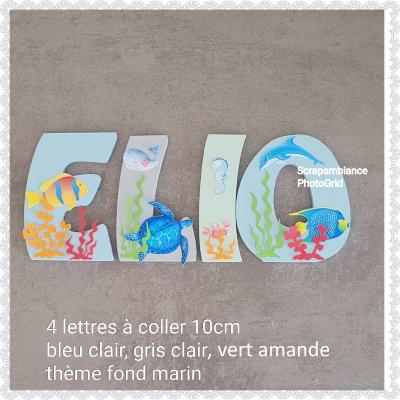 Lettre en bois à coller - 10cm thème poissons, fond marin, mer