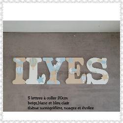 Lettre en bois à coller - 20cm thème montgolfière, nuages et étoiles