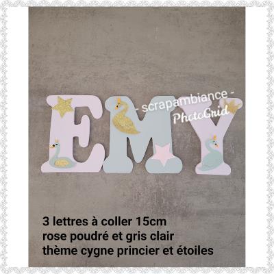 Lettre en bois à coller - 15cm thème cygne princier et étoiles