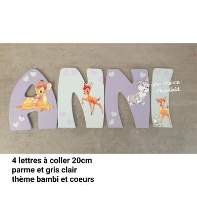 Lettre en bois à coller - 20cm thème bambi et coeurs