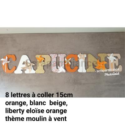 Lettre en bois à coller - 15cm thème liberty orange et moulin à vent