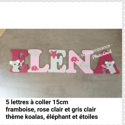 Lettre en bois à coller - 15cm thème koalas, éléphant et étoiles